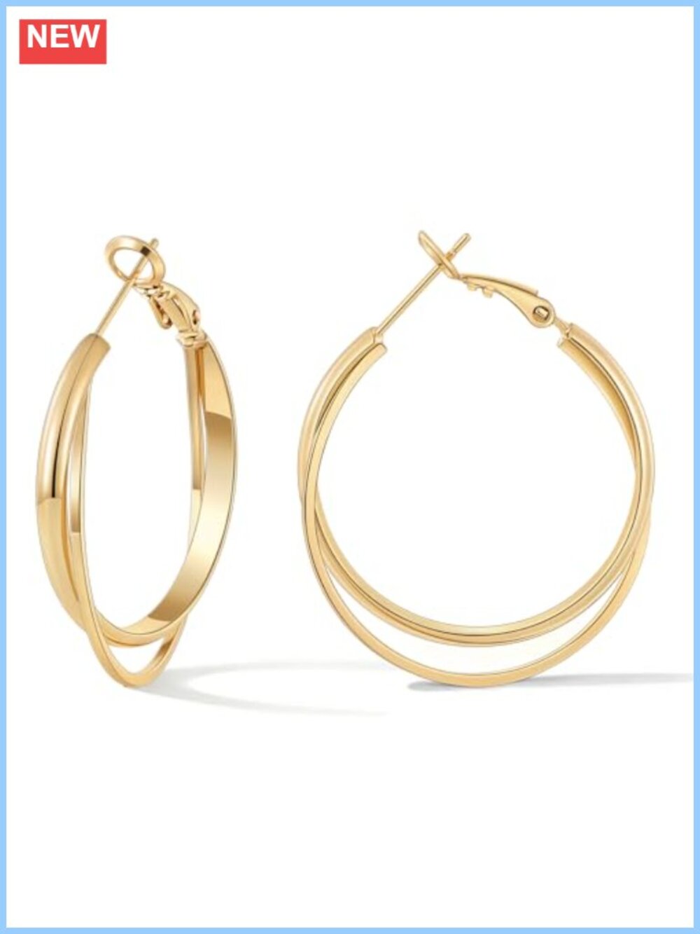 14K Gold Plated Criss Cross Double Hoop Earrings 30mm Lightweight